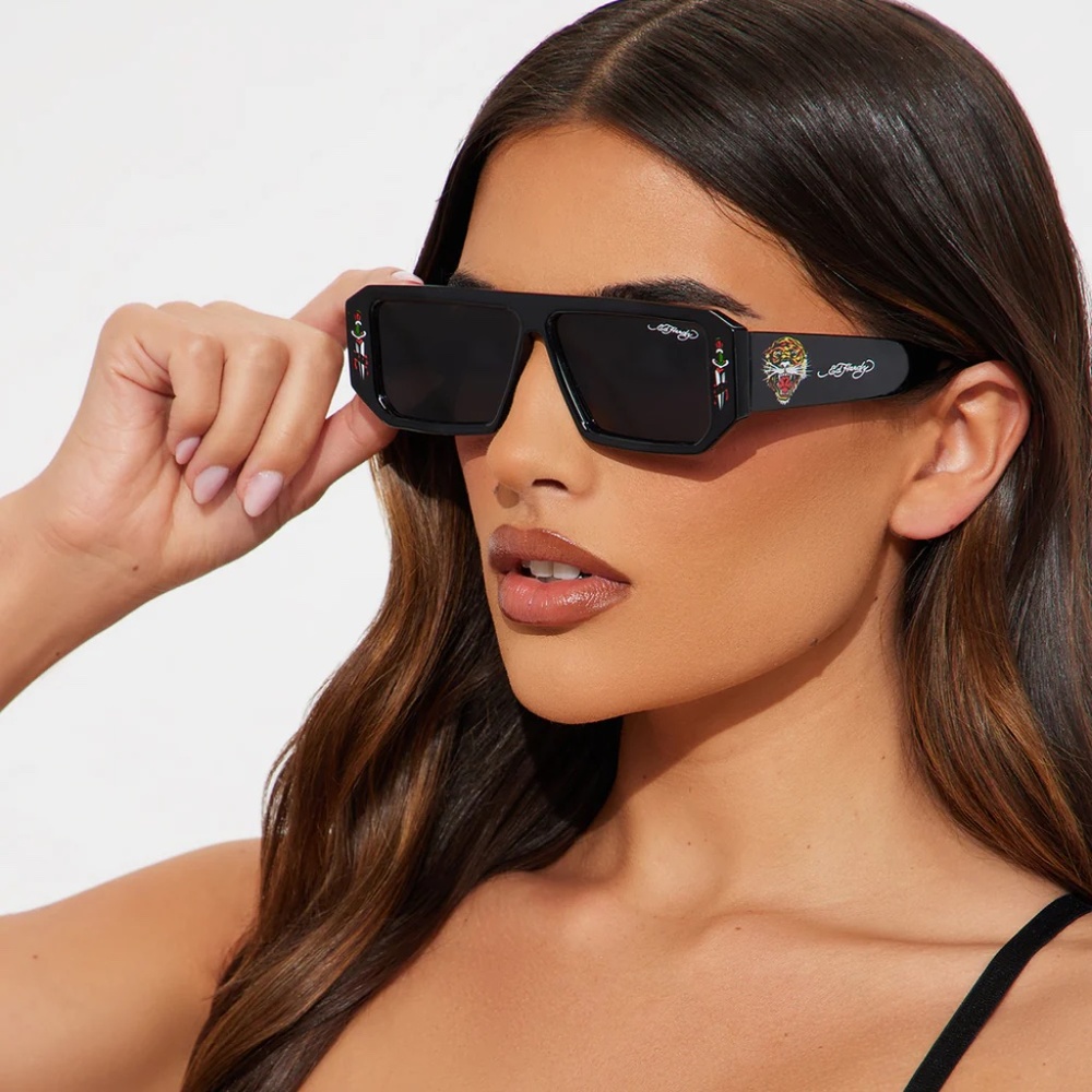 New ED HARDY Sunglasses Slim Rectangle Tiger Dagger Acetate Black